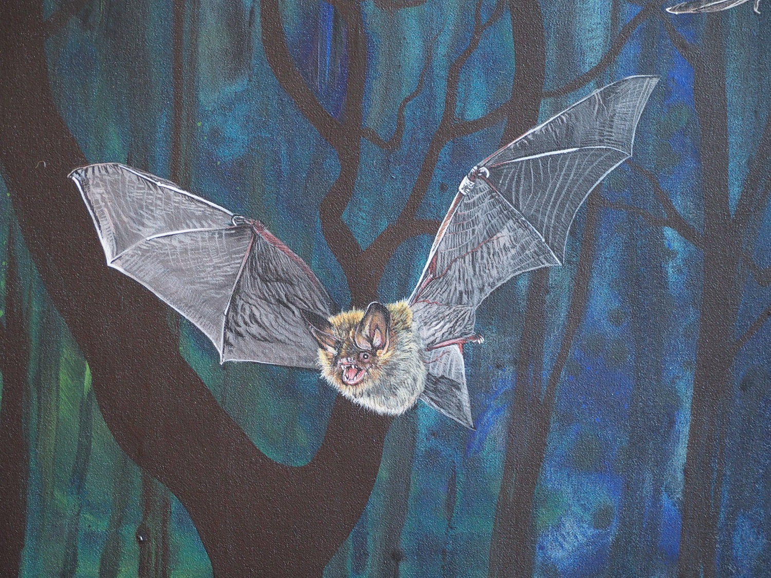 A Bechstein's bat painted against a blue background with tree silhouettes. It is a close up of the painting, zoomed in on one bat. This painting was featured on Countryfile.