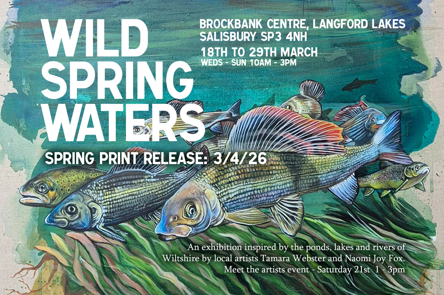Advertisement for 'Wild Spring Waters' art exhibition with fish illustrations and event details.